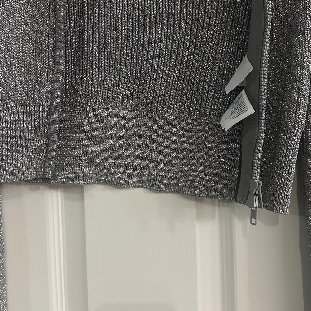 Metallic Gray Ribbed Zip-Front Women’s Sweater - Picture 3 of 3